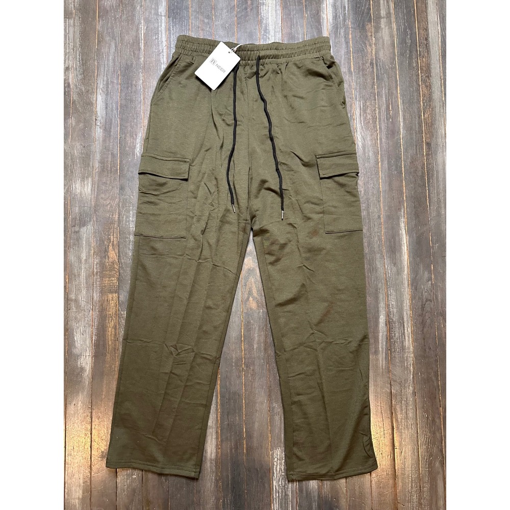 Neer Mens Cargo Sweatpants Olive Green Elastic Waist Drawstring Straight Leg NEW